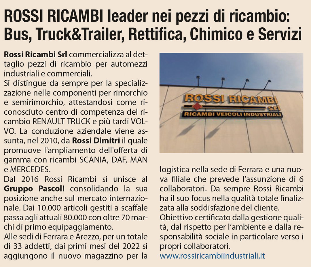 Rassegna stampa da il Sole 24 ore: ROSSI RICAMBI leader nei pezzi di ricambio